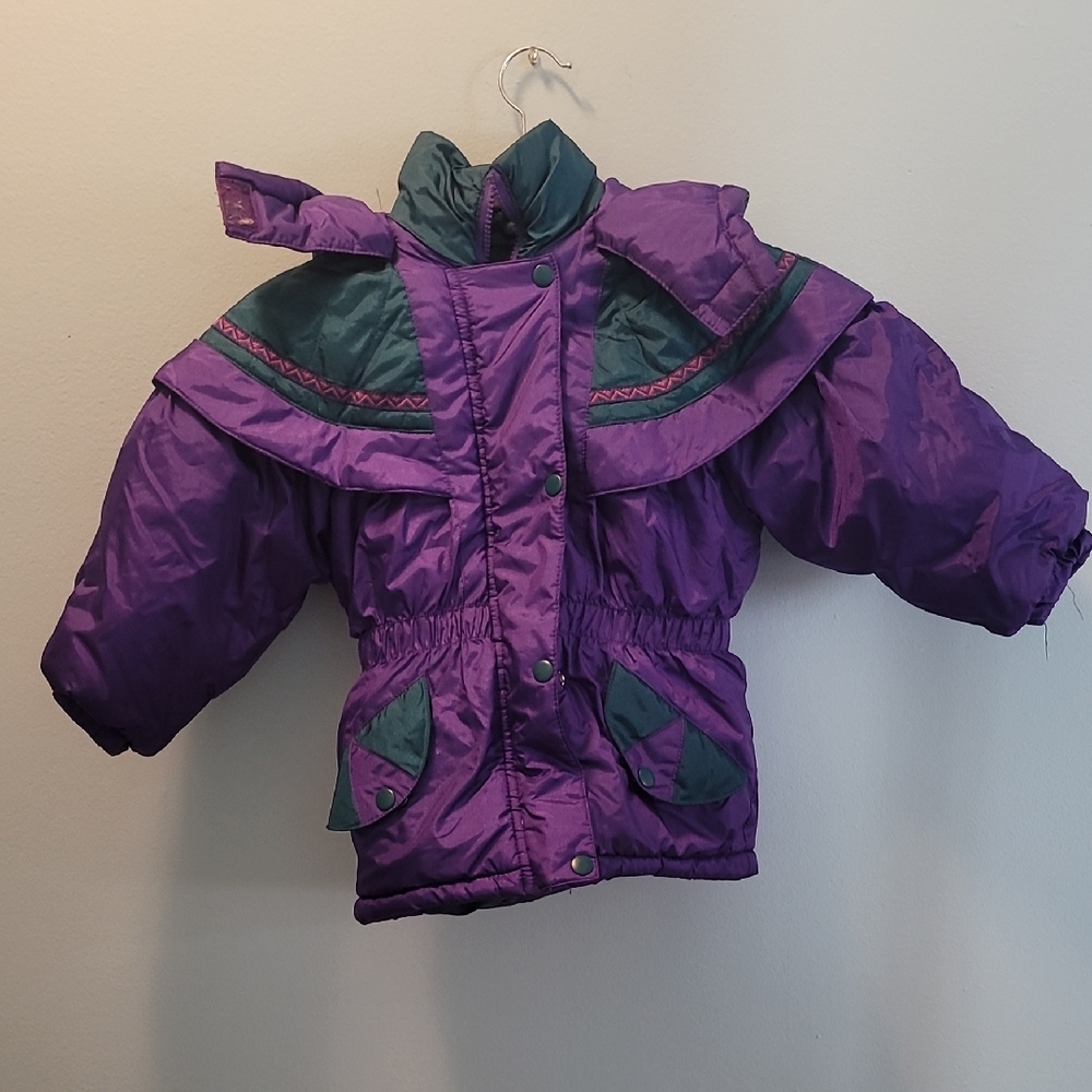 Girls' Purple Puffer Jacket with Teal Accents - Insulated Winter Coat S4